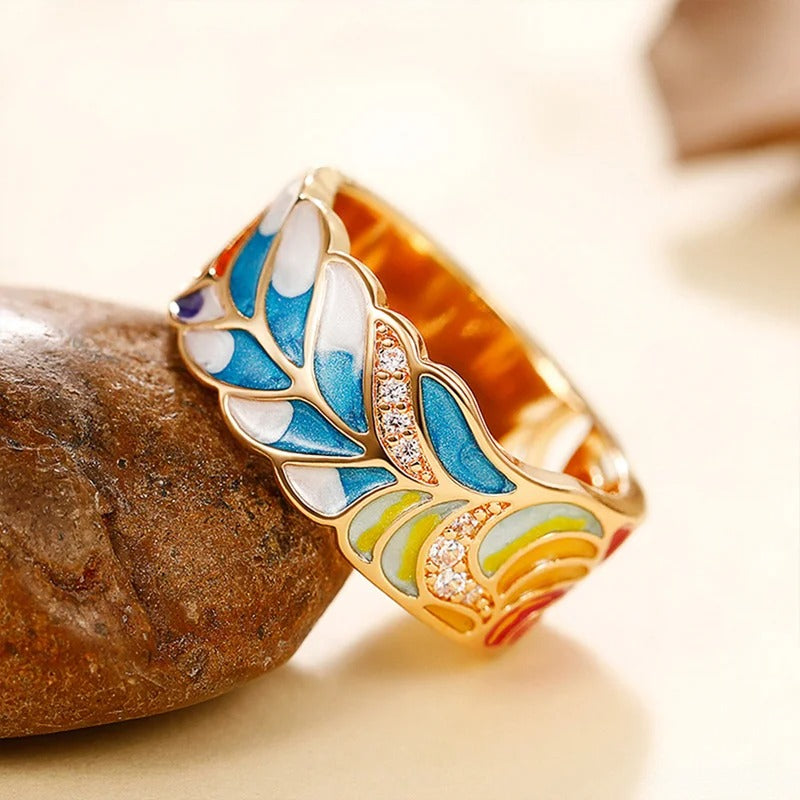 Vintage guld ring med farverig emalje